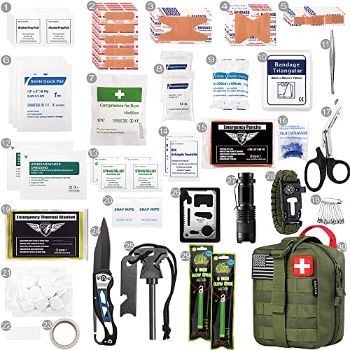 EVERLIT 250 Pcs Survival First Aid Kit | IFAK Outdoor Survival Kit Emergency Kit For Camping Hiking Hunting Earthquake Emergency Preparedness - color: Od Green
