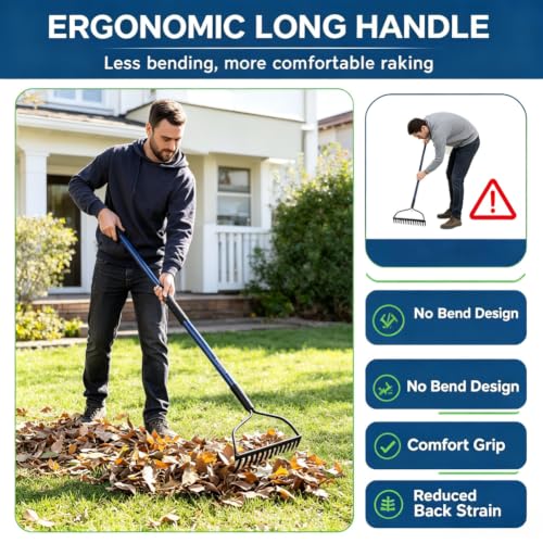 WIKER Heavy Duty Steel Garden Rake, 57 Inch Fiberglass Long Handle with 14 Tempered Tines, One-Piece Non-Slip Yard Rake for Soil, Gravel, Leaves, Gardening & Landscaping