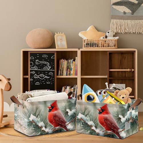 Red Cardinal Storage Baskets,Snow Winter Foldable Organizer Bin with Handles for Home Living Room Bedroom Closet Box 17x11.5x10Inch - color: Red Cardinal Snow Winter