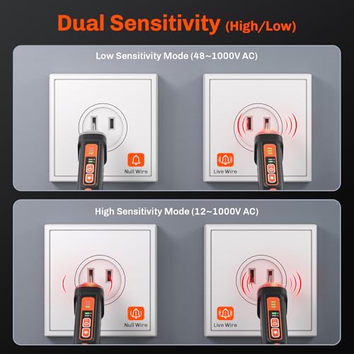 Non Contact Voltage Tester Pen, AC 12/48-1000V Electric Tester Pen | Electrical Tester Pen, Dual Sensitivity AC Checks, Live/Neutral Wire ID, Audible/Visual Alarm, LED Light, CAT III/CAT IV