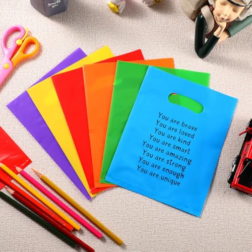 Coume 100 Pcs Back to School Gifts Bags for Students Rainbow Inspiration Quotes Plastic Goodie Snack Treat Bags with Handles Birthday Party Favors from Teachers, 6" x 8" - style: Classic Style