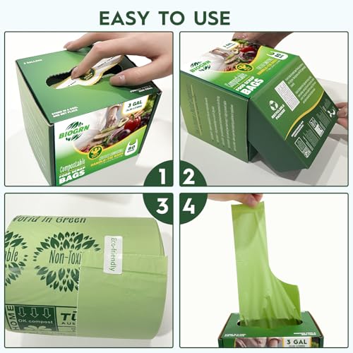 2.6-3 Gallon Compostable Trash Bags with Handles 80 Count 0.67 Mil 11.36 L Small Kitchen Wet Food Scrap Waste Compost Bag for Countertop Bin ASTM D6400 US BPI and OK Compost Home Certified - color: 3 Gallon Handle Tie, 80 Count