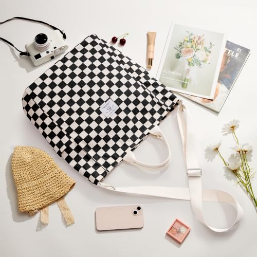 KALIDI Corduroy Tote Bag, Large Slouchy Hobo Messenger Crossbody Bag | Anti Splash Zipper Side Pockets Shoulder Bag Adjustable Strap Lightweight Casual Work Shopping Women - color: Checkerboard