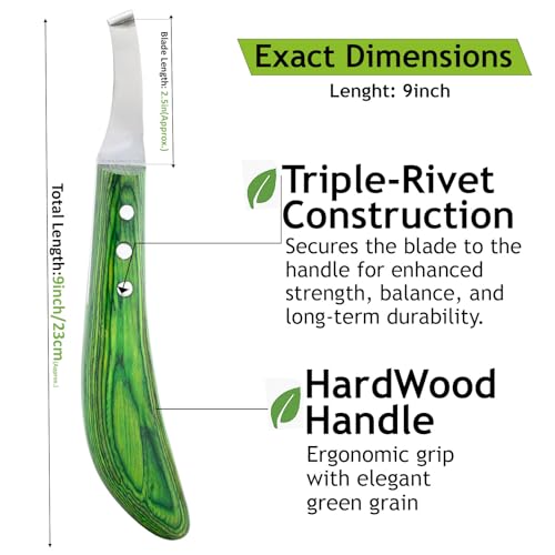 – Super Sharp Hoof Knife | Stainless Steel Blade with Wooden Handle | Professional Farrier Hoof Trimming Tool for Horses & Equine Hoof Care (Green Right-Hand)
