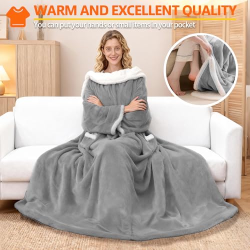 Wearable Heated Blanket With Sleeves & Foot Pocket, Heated Throw Blankets Fast Heating Blanket With 10 Heat Settings Auto Shut Off Over-Heat Protection-Warm Gift, Machine Washable, 52”*72”+18” - color: Light Gray