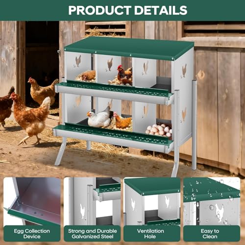 6 Compartment Chicken Nest, Stainless Steel Laying Boxes for Hens with 4 Dummy Eggs and 10 Dampproof Pets Mats, Wall Mounted or Free Standing Chicken Boxes, Roll Out Design, Green, with Stand Style
