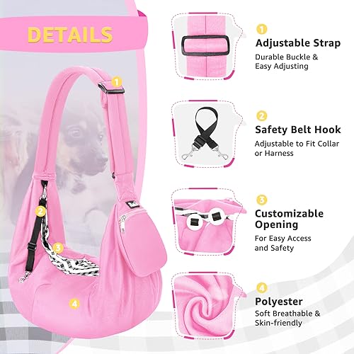 SlowTon Dog Carrier Sling - Thick Padded Shoulder Strap Adjustable, PI, S | Dog Carriers for Small Dogs, Puppy Carrier Purse for Pet Cat with Front Zipper Pocket Safety Belt Machine Washable - color: G-Pink Knitted Fabric