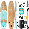 10’6’’ Inflatable Stand Up Paddle Board (SUP) for Adults and Youth with Non-Slip Deck – Complete Accessories Kit, for Fishing, Yoga, Fitness & Family Fun - color: mint green wood grain/seat