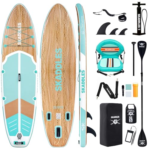 10’6’’ Inflatable Stand Up Paddle Board (SUP) for Adults and Youth with Non-Slip Deck – Complete Accessories Kit, for Fishing, Yoga, Fitness & Family Fun - color: mint green wood grain/seat