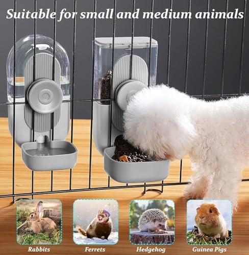 Kenond 35oz Rabbit Feeder,Bunny Water Dispenser,Pet Water Bottle for Cage | Hanging Auto Ferret Food Water Dispenser, Auto Gravity Pet Feeder and Waterer Set, Cage Cat Food Bowl Dog Feeding Station - color: Gray Waterer and Feeder