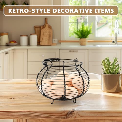 Wire Egg Basket for Gathering Fresh Eggs Holder,Holds About 20 Large Eggs | Retro Handle Egg Gathering Basket,Metal Eggss Holder Countertop,Farmhouse Eggs Storage Container for Farmhouse (Black) - color: Black