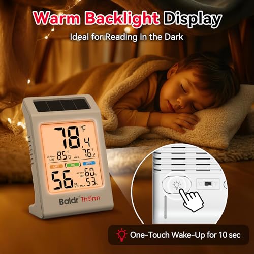 BaldrTherm Room Thermometer Indoor, Humidity Meter, 2026 Upgrade Backlit Digital Humidity&Temperature Monitor | Solar Powered | MAX MIN Record | 3.2", for Home, Office, Greenhouse, 1Pack