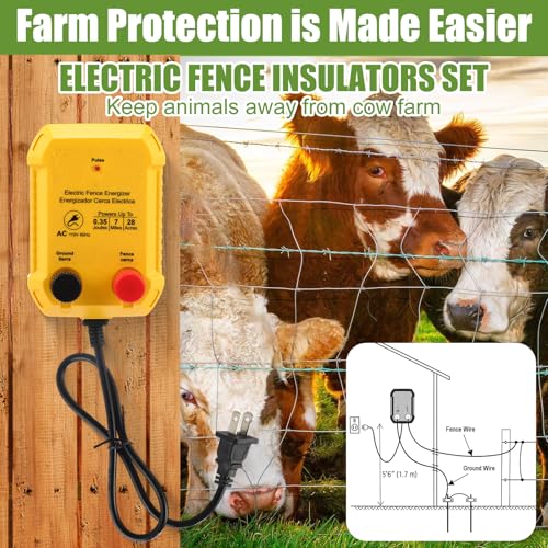 Electric Fence Charger Kit 0.35 J 7 Mile 50 Insulators 250ft Wire | 110V AC Range for Chickens Pets Poultry, Kit with Socket Tool, Aluminum Wire for Farm Pond Protection Plug in Garden - style: 0.35 Joule
