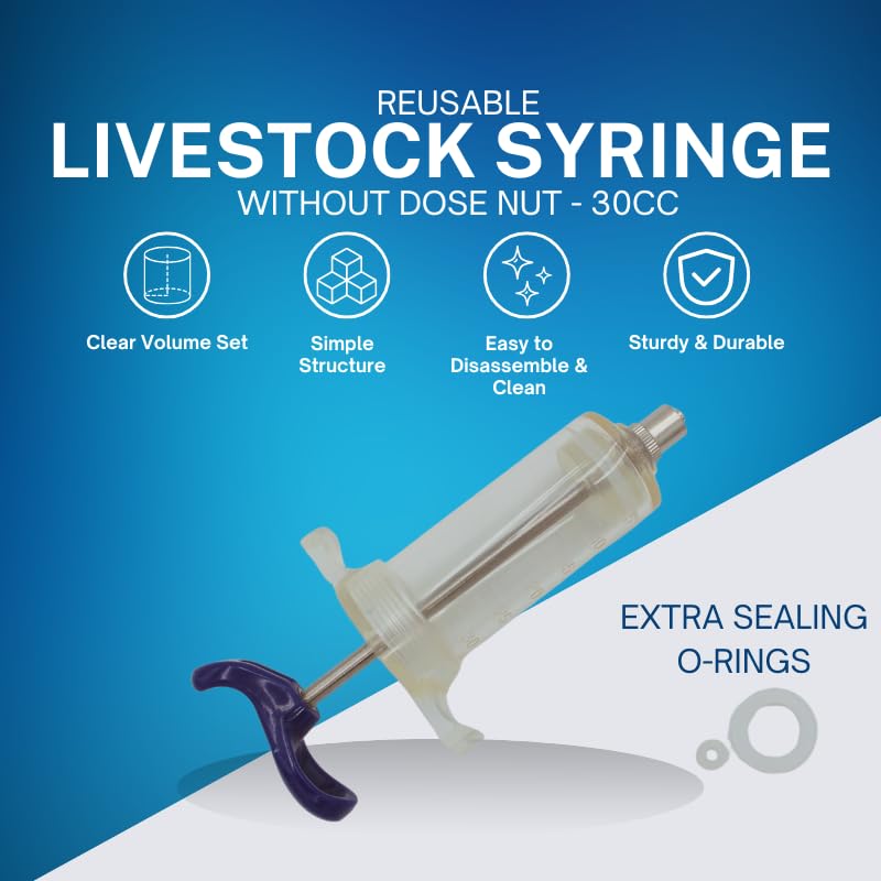 Reusable Veterinary Syringe Without Dose Nut – (30cc) - For Livestock Use | Durable Plastic Barrel | Luer-Lock & Luer-Slip Compatible | Equine, and Veterinary Use | Available in 10cc, 20cc, 30cc, 50cc - size: 30cc