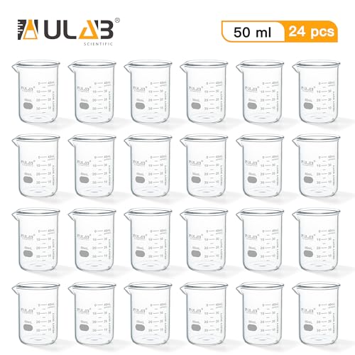 ULAB Scientific Glass Beakers, Vol. 50ml, 3.3 Borosilicate Griffin Low Form with Printed Graduation, Pack of 24, UBG1030 - style: 24pcs of Vol.50ml, Low form