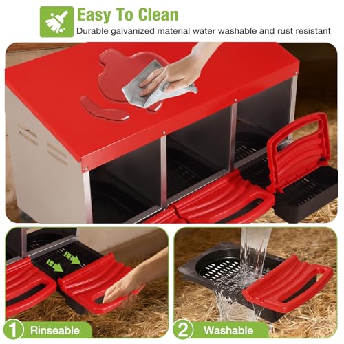 GUTINNEEN Chicken Nesting Box, 3 Compartment Metal Nesting Boxes with Roll-Away Egg System for Hens, Ducks & Rabbits, Technical Design for Efficient Egg Collection, Red - color: Red