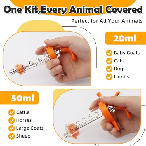 2 PCS Reusable Drench Syringe,With 2 Drench Nozzle Adjustable Dosage And 10 Needles,for Goat,Horse,Sheep ,Dog,Pig, Cat Feeding Supplies(20ML,50ML)