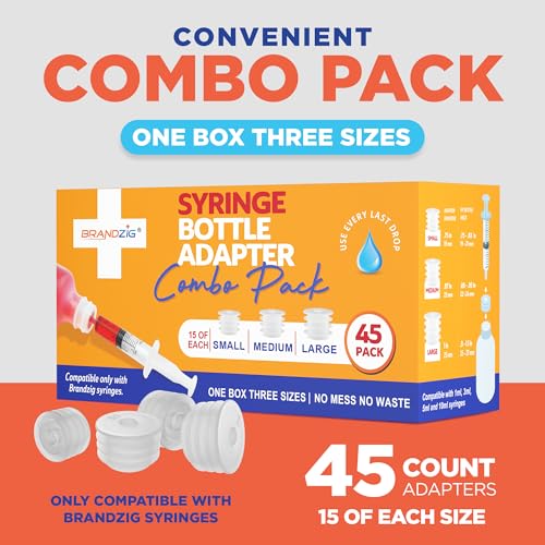 Medicine Bottle Syringe Adapter For Oral Dispensers 45 Pieces 3 Sizes (15 each size) | Press In Bottle Adapter for Liquid Medication | Only Fits Brandzig 1ml, 3ml, 5ml & 10ml Syringes