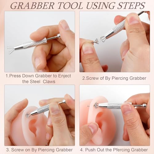 2Pcs Piercing Ball Grabber Tool for Changing Jewelry, Stianless Steel Flat Back Earring Applicator Internally Threaded Push Pin Piercing Grabber Tool - color: Blue&Silver