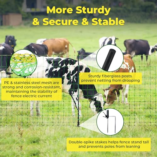 Electric Fence Netting, 164'L x 49.6" H, for Livestock, Goat, Cattle, Sheep | Portable Electric Fence, PE Net Fencing Kit for Backyards, Ranches, Farms, Patio, Goat Fencing with 14 Posts Double Spiked