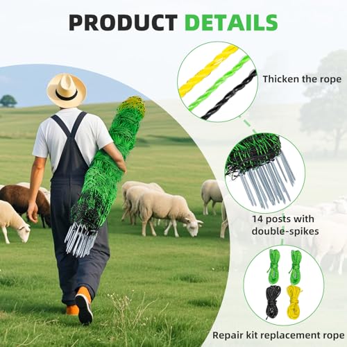 Electric Fence Netting, 35.4" x 164' Portable Electric Net Fence for Goats, Sheep, Lambs, Hogs in Backyards, Farms, Ranches, Homesteads and Gardens,(14 Posts, 2 Spikes,Green) - size: 35.4" x 164'