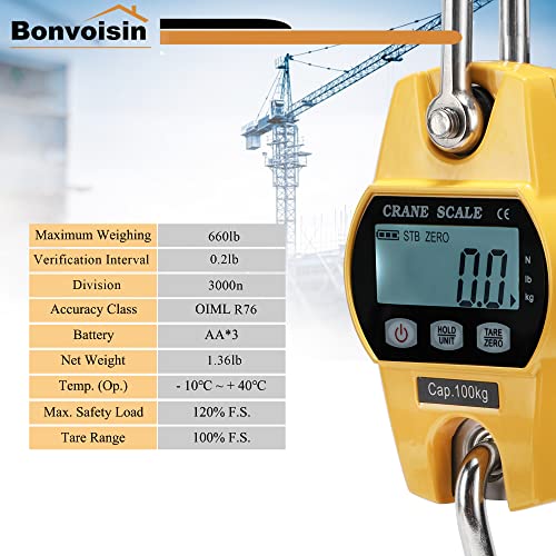 Mini Digital Crane Scale 300kg/600lbs Industrial Hanging Scale Portable Electronic Weighing Crane Scale LCD Display CE/RoHS Certified (300kg/660lb) - size: 300 kg/660 lb, Mini