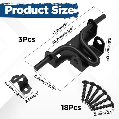 3 Pack Heavy Duty Slide Bolt Gate Latches with Padlock Hole Rustproof Iron Sliding Locks Slide Bolt Gate Latch Door Lock for Wooden Fence Shed Barn Black
