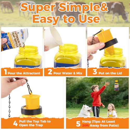 3 Pack Fly Traps Outdoor with 6 Natural Bait Refills | Reusable Hanging Fly Catcher for Patio, Garden, Orchard, Yard, Ranch and Horse Farm