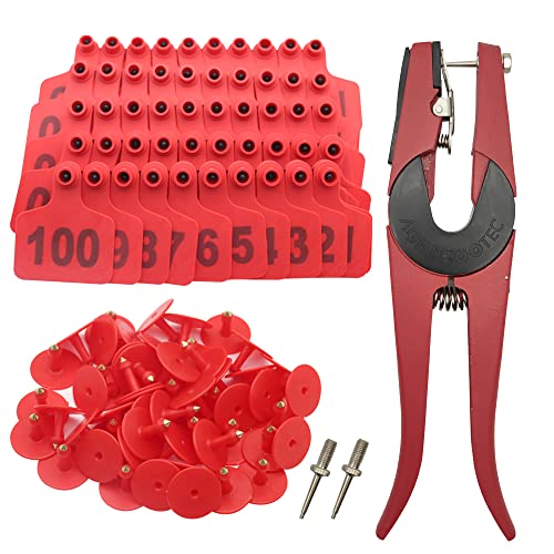 Cattle Ear Tags 001-100, 100Pcs Plastic Livestock Ear Tag for Cows Goats Sheep Pigs with Pliers Applicator & 2 Pins, Animal ID Tags for Ranch Farm Herd Tracking, Laser Print (001-100, Red) - color: Red