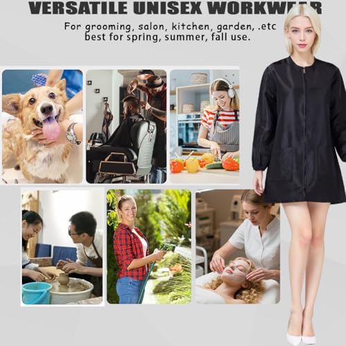 Dog Grooming Smock Long Sleeves Water-Repellent Hair-Proof (Black, L)