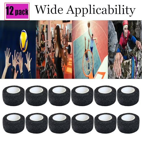 12 Pack Self Adhesive Wrap Bandage - Vet Wrap for Pets, Stretch Self-Adherent Cohesive Tape Breathable Athletic Tape Rolls (1 Inches x 5 Yards Each, Black) - color: Black
