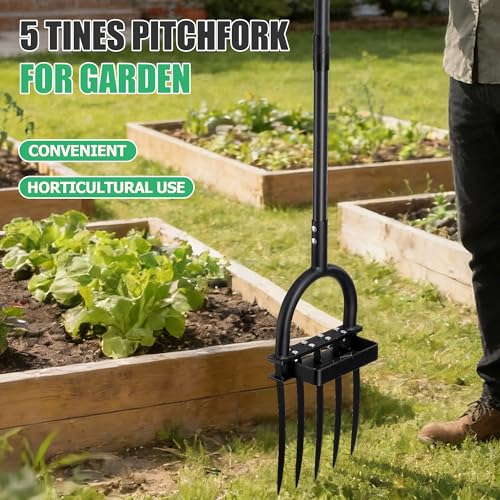 LLARGUEST Pitch Fork, 69" Heavy Duty Metal Garden Fork for Loosening Soil Broadfork with Ergonomic D-Grip Handle, 5-Tine Digging Fork Hay Fork for Compost,Mulching,Manure.