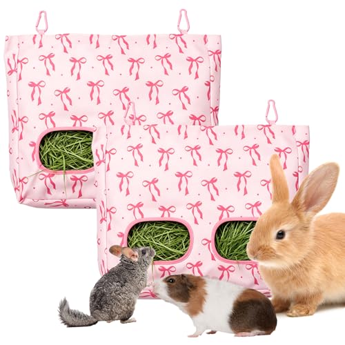 JarThenaAMCS 2Pcs Rabbit Hay Feeder Bag with 2 Holes Pink Bow Guinea Pig Hanging Hay Feeding Bag Large Storage Dispenser for Chinchilla Hamster Bunny Small Animal Pet - size: 13 x 11.4 inch