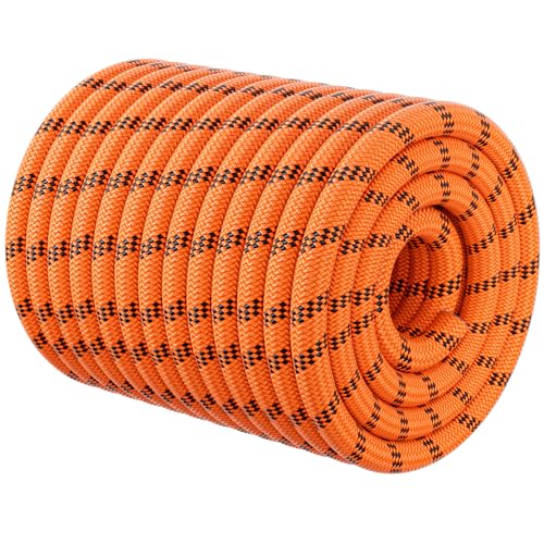 Double Braided Arborist Rigging Rope - 3/8 in X 220 ft 48 Strands Outdoor Pulling Heavy Duty Polyester Bull Rope for Swing Tree Work Camping Rescue Hiking - Orange - color: Orange, size: 3/8 inch X 220ft
