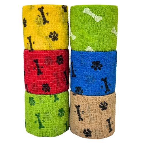 Dog Bandage Wrap, 6 Rolls 2" x 5 yd Bone Print Pet Tape | Dog wrap bandage for paw & leg care, minor wounds, hotspots, broken nails, gauze pads & licking protection - color: BO-6ROLL-2IN