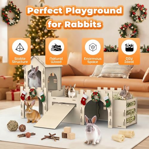 Large Bunny House and Hideouts, Wooden Dual-Layer Rabbit Castle with 4 House Indoor, Sturdy Habitat for Guinea Pig Chinchilla Ferret (Extra Large-4 House with Hay Feeder)