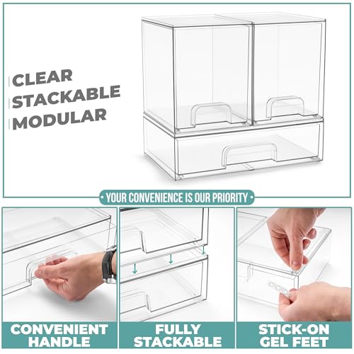 Sorbus Clear Stackable Storage Drawers (3 Pack, 7.6'' Tall and 12.1'' Wide) | Acrylic containers with pull-out bins keep cosmetics, brushes and daily items sorted on bathroom counters or in cabinets. - size: 3 Pack, 7.6’’ Tall and 12.1’’ Wide