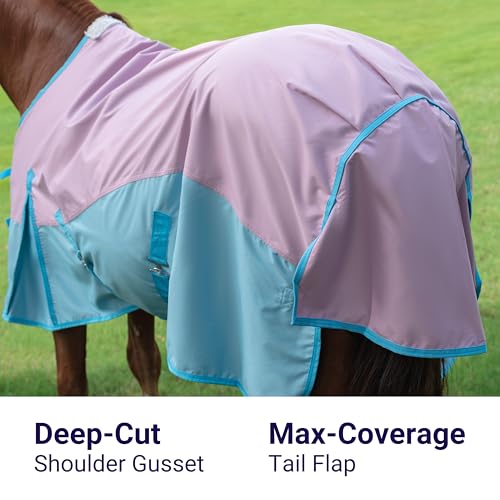 Horse Turnout Rain Sheet | 600 Denier Ripstop Turnout Blanket No Fill (0g) | Waterproof Lightweight Breathable | Tear-Resistant Outer & Rub-Free Silky Inner | Pink/Blue - 68 in - color: Pastel Pink/Blue, size: 68