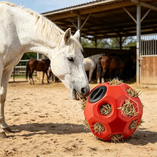 2 Pack 15.75" Horse Treat Ball with Hanging Strap, Horse Feeders for Stalls, Slow Feed Hay Feeder Toy Hay Ball for Horses Goats Sheep Ponies, Red