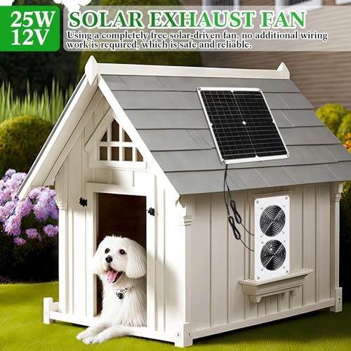 Rossesay 1 Set 25W 12V Solar Powered Fan for Chicken Coop Waterproof Solar Panel Exhaust Fans USB Portable Metal Shell for Shed Greenhouse Outside Air Ventilation Pet Dog House