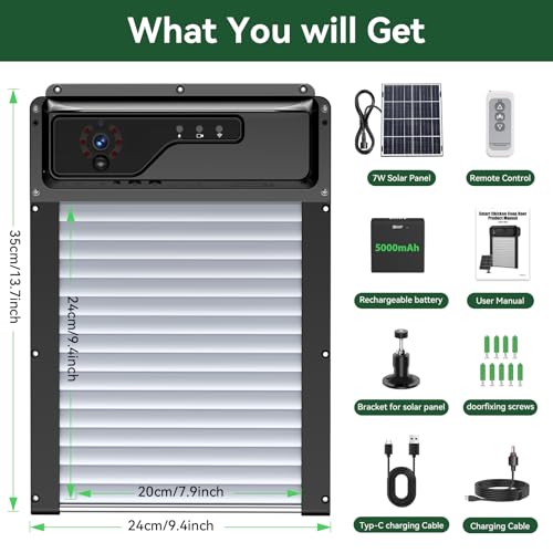 Automatic Chicken Coop Door with Camera, WiFi App Control, Solar Powered Smart Chicken Door with HD Night Vision, 5000 mAh Battery, Anti-Pinch Safety, Smart Alerts, Space-Saving Roll-Up Design