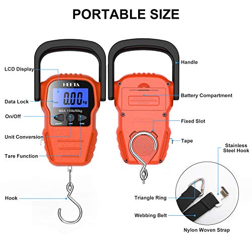 HEETA Fish Scale Digital Fishing Luggage Weight Scale with Measuring Tape | Up 110lb/50kg Portable Hanging Scale with Backlit LCD Display for Home Farm Outdoor Hunting Fishing, 2 AAA Batteries Included - color: Orange
