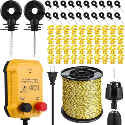 Electric Fence Kit, 0.15j Charger 3366ft Wire 60 Insulators | 5 Mile 110V Plug in Electric Fence, Polywire for Livestock Horse Cattle Poultry, T Post Screw Insulators, Farm Pasture - size: 3366FT, style: 0.15J