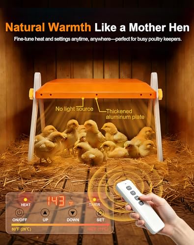 briidea Chicken Coop Heater 80W Brooder Heater with Remote Control & Timer, Adjustable Temperature (80–160°F), 10 Replaceable Cleaning Films Included, Mother Hen Warmth for 15 Chicks 10" x 10" - color: Orange
