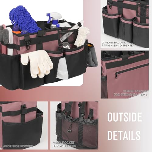 SCAVATA Wearable Cleaning Caddy, Cleaning Caddy Supplies Organizer with Handle & Shoulder Straps for Housekeepers, Under Sink & Car Cleaning Tool Organizers Bag with 4 Foldable Divider (LotusPink) - color: LotusPink