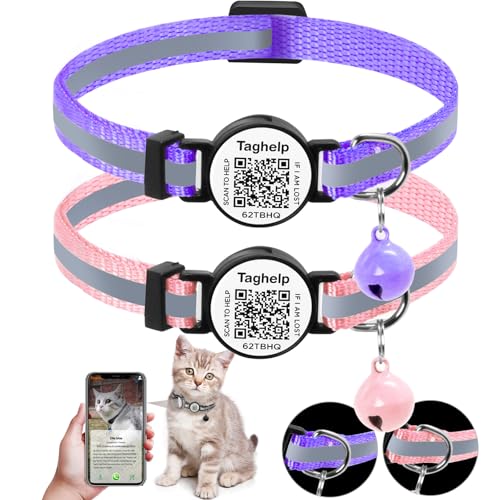 2 Pack Breakaway Cat Collar with QR Code & Bell, Reflective Safety Collar with Never-Lost Digital ID Tag, Adjustable 7.5-12.5 Inch for Indoor Outdoor Cats (Purple & Pink) - color: Reflective Strip - Purple & Pink