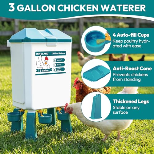INNOLAND Chicken Feeder and Waterer Set - 3 Gallon/26.5 Pounds | Automatic Chicken Waterer, 4 Cups & 4 Feeder Ports, No Waste Poultry Feeders & Waterers, Chicken Coop Accessories for Poultry
