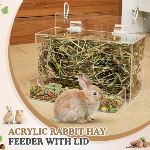 Honeydak Acrylic Rabbit Hay Feeder with Lid, Two in One Hanging Guinea Pig Hay Feeder with Hook Food Dispenser Bin for Bunny, Guinea Pig, Chinchilla