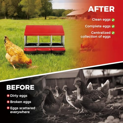 Galvanized Steel Chicken Nesting Box 3 Compartment with Pull Out Tray, Roll Away Nest Boxes for Laying Hens Egg Collection, Wall Mount Poultry Nest Box for Coop with Handle, Red - color: Red, size: 3 Compartments