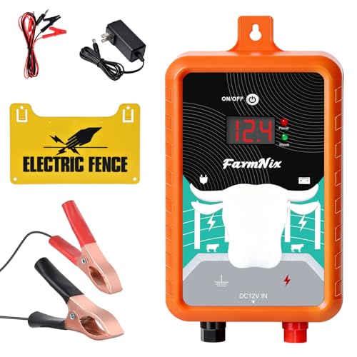 15Miles Electric Fence Charger with ON/Off Switch, 4J Energy Output 12KV Voltage,AC DC Electric Fence Charger with LED Display for Preventing Wild Animals Intruding Great for Gardens,Poultry